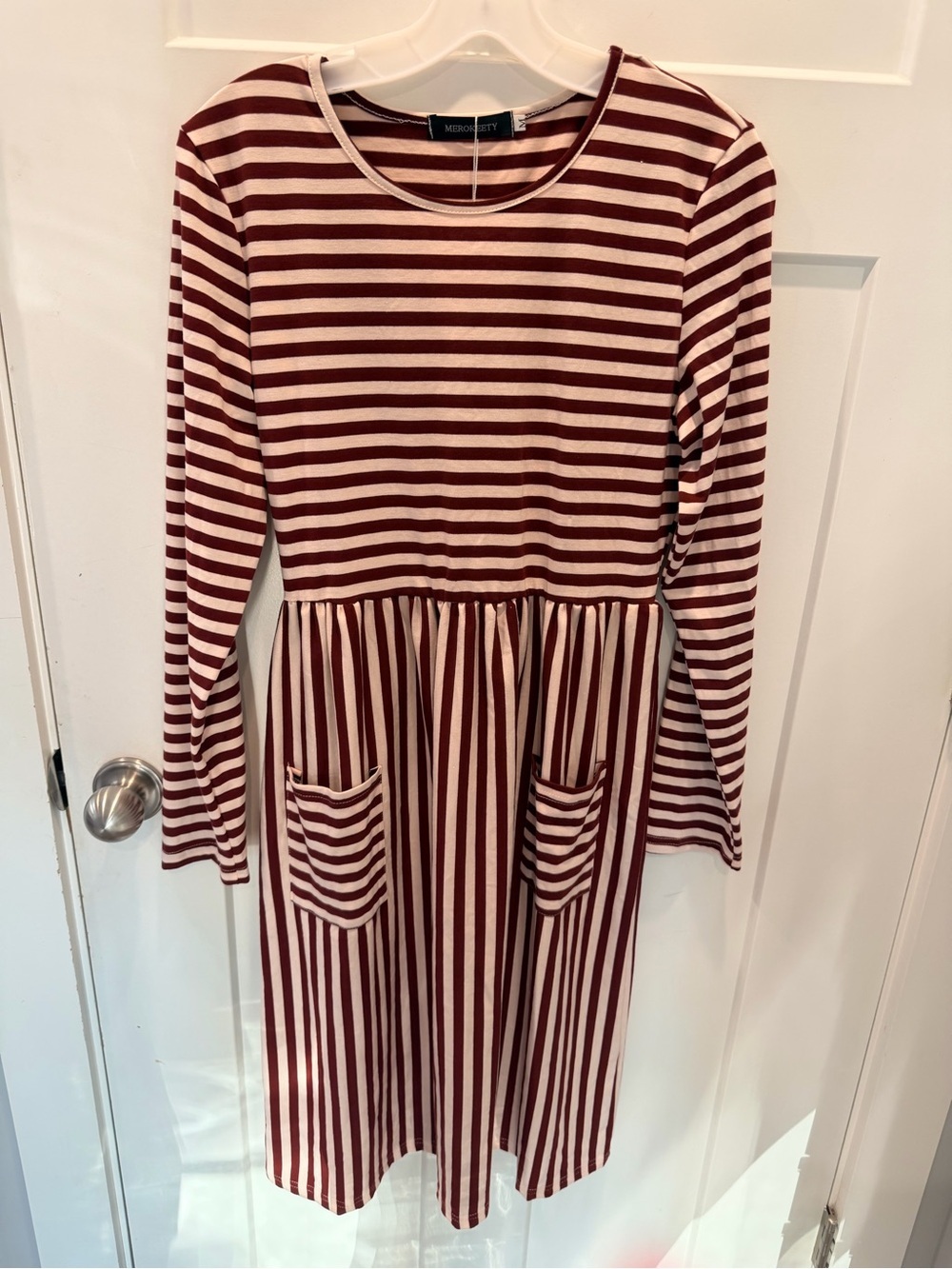 MEROKEETY NWT Burgundy Stripe Long Sleeve Pocket Dress M